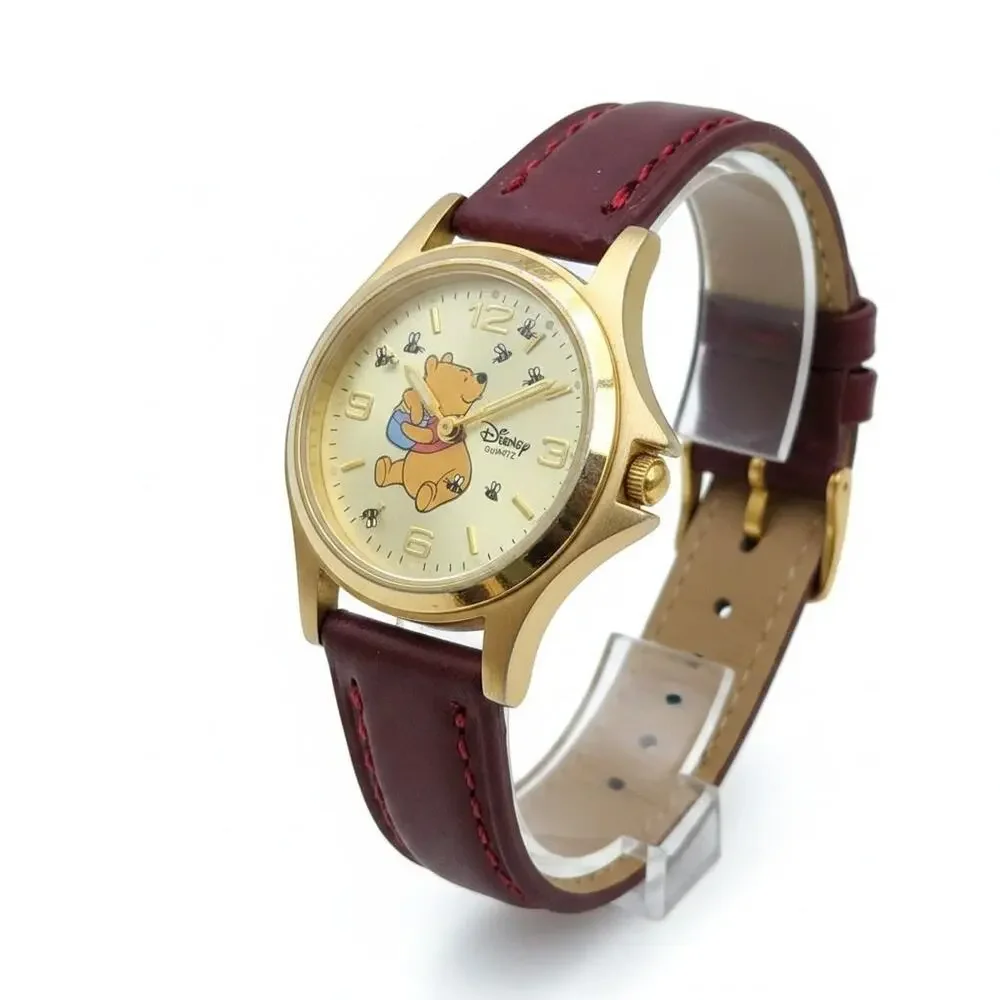Vintage Disney Time Works Winnie The Pooh Boys Watch Gold Champagne Dial Brown